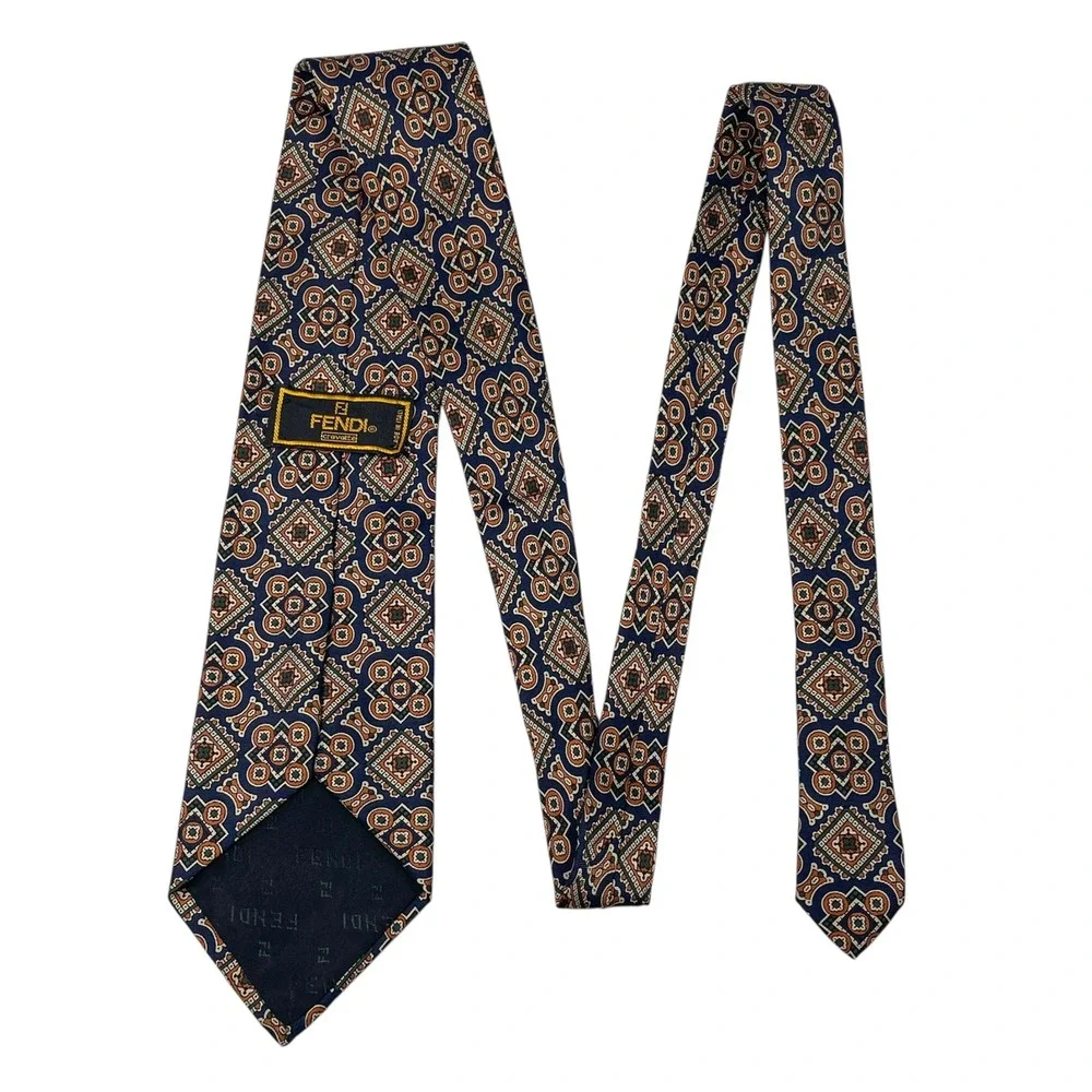 FENDI Cravatte Mens Silk Tie Navy Blue Orange Geometric Medallion Made in Italy‎